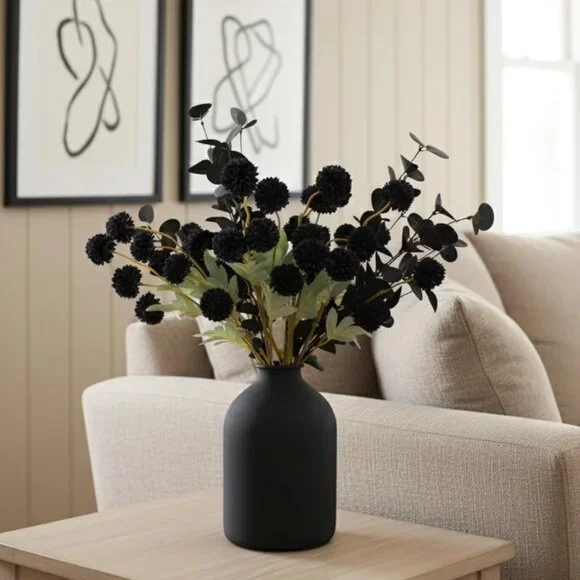 Black Faux Kiku Flowers for Vase 10 Long Stem Artificial Flowers with Eucalyptus - Picture 6 of 6